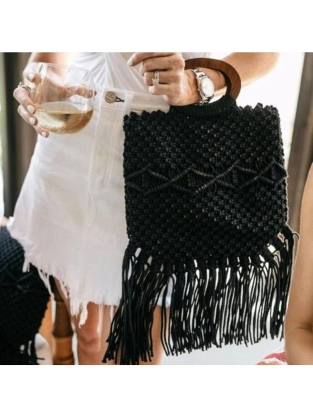 Danielle Nicole Black Macrame Fringe Bag